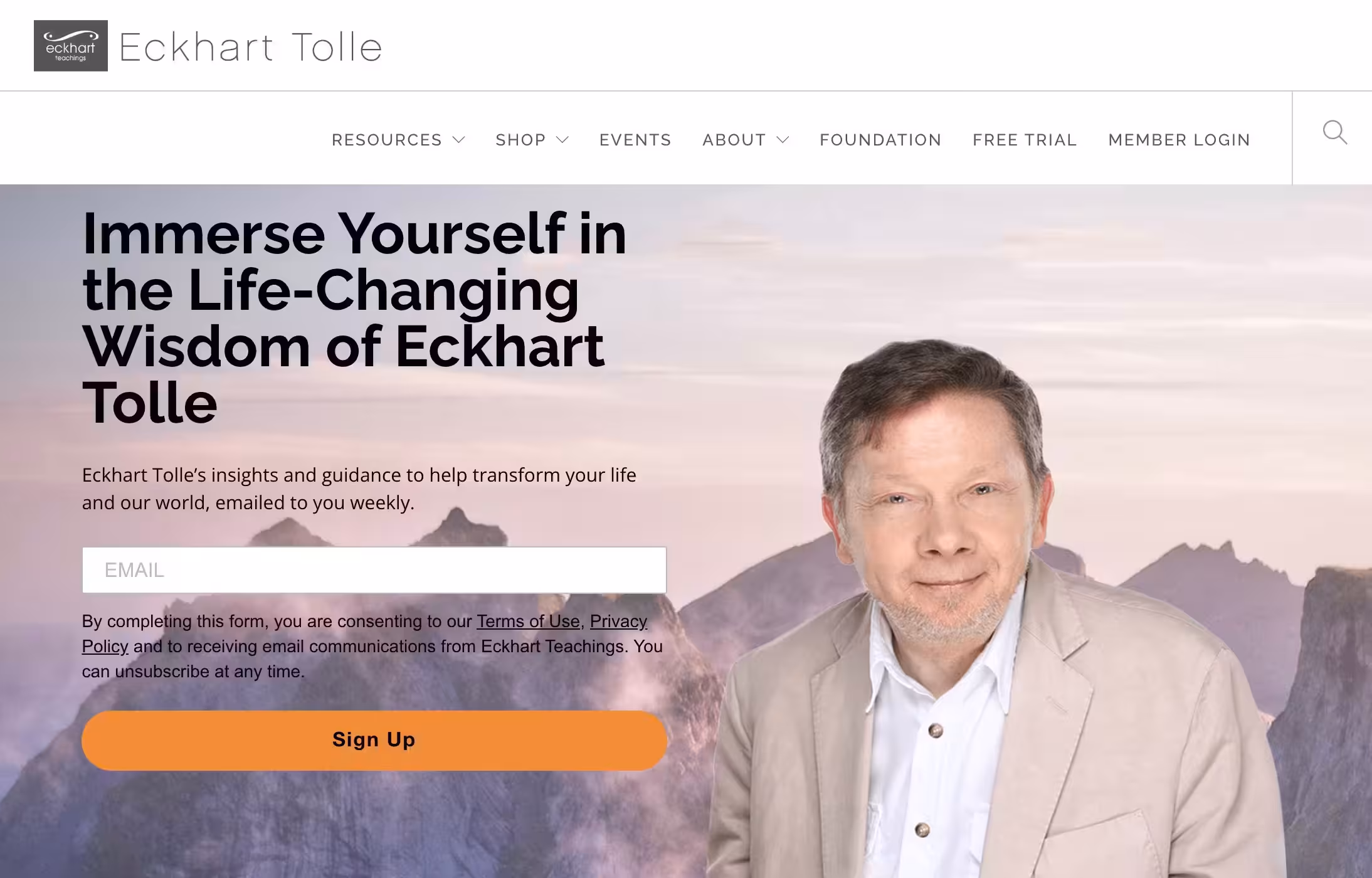 Eckhart Tolle - Eckhart's profound, yet simple teachings have helped countless people around the globe experience a state of vibrantly alive inner peace in their daily lives. His teachings focus on the significance and power of Presence, the awakened state of consciousness, which transcends ego and discursive thinking. Eckhart sees this awakening as the essential next step in human evolution. | Psychology Tool Screenshot