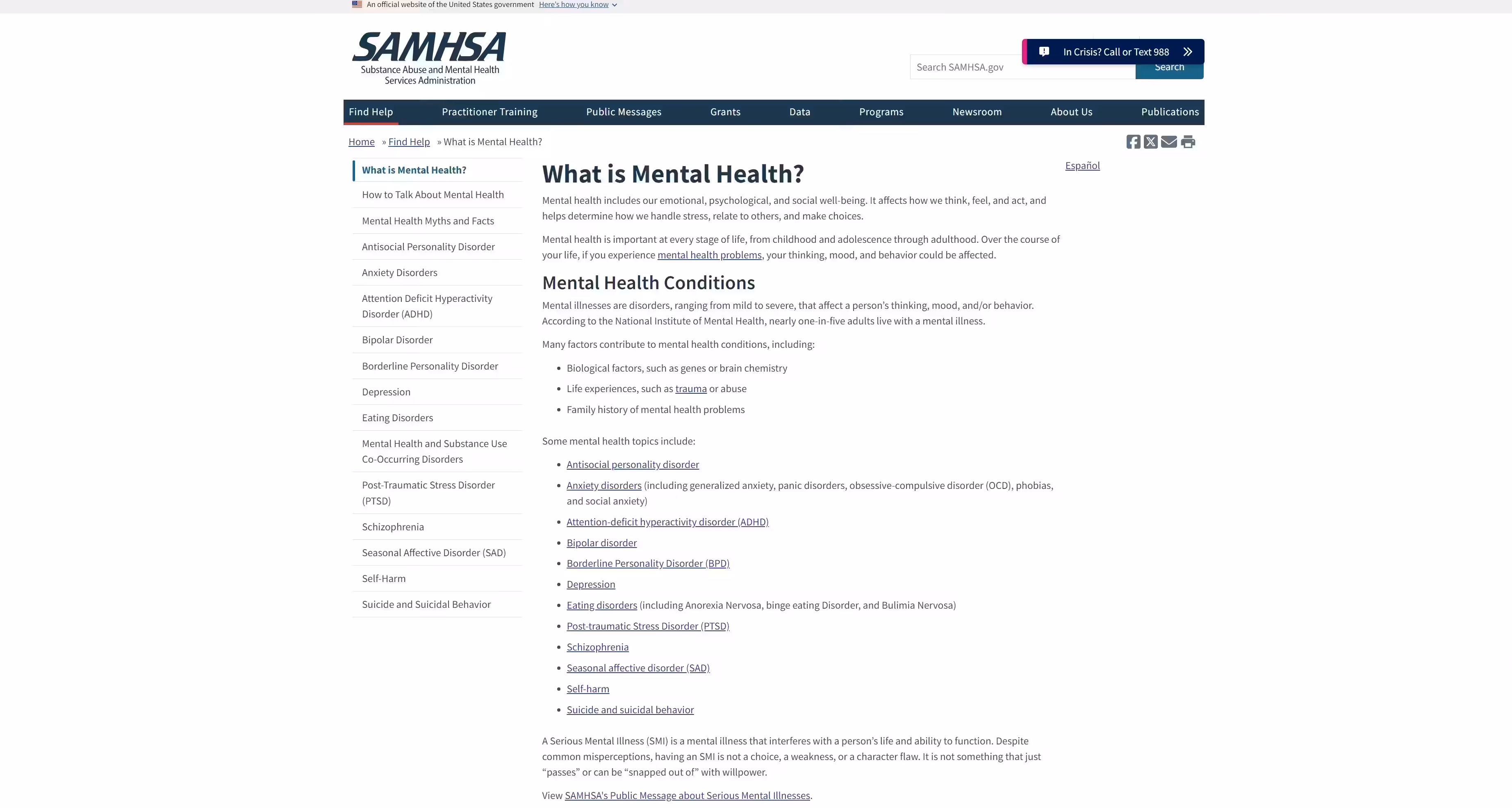 SAMHSA/MentalHealth.gov - MentalHealth.gov is the official government website providing comprehensive information on mental health conditions, treatments, and support services. Find resources for recovery and resilience building.