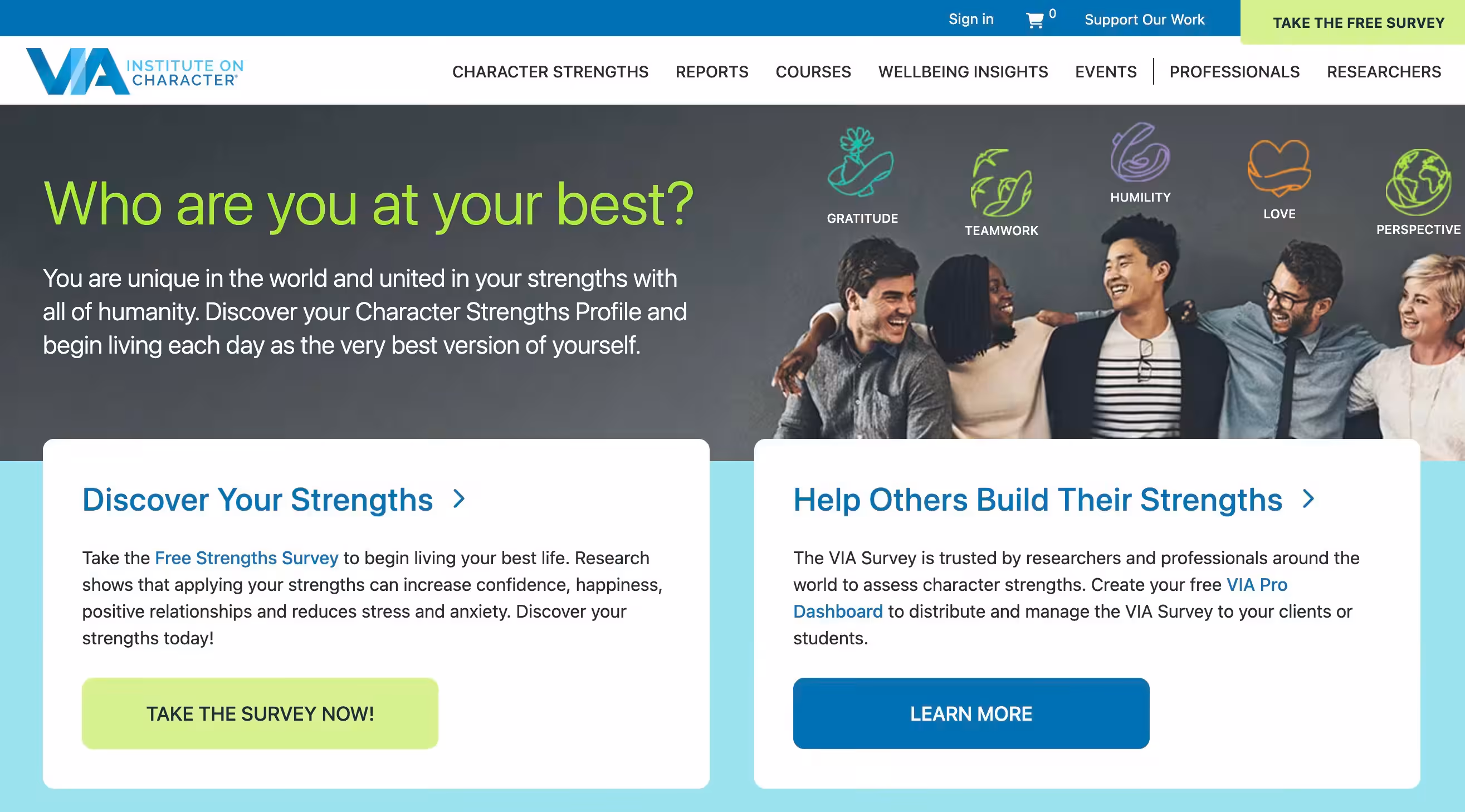 VIA Institute on character - VIA Character is a nonprofit organization that focuses on positive psychology and character strengths. It offers tools for individuals to discover their unique character strengths and learn how to apply them to lead a more fulfilling life. | Psychology Tool Screenshot